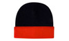 A beanie in black with a bright orange cuff, featuring a logo on the side.