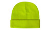 A luminescent safety beanie in bright yellow, featuring a folded cuff and a logo.
