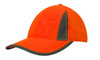 An orange cap with reflective inserts and trim, featuring a dark green peak and a branding logo.