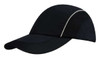A black cap with woven fabric and mesh side panels, featuring a subtle stripe. It includes a logo.