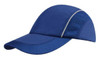 A blue cap featuring woven fabric with mesh side panels and a peak, along with a logo.