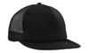 A black trucker mesh cap with a flat peak and mesh sides, featuring a logo.