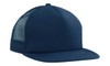 A navy blue trucker mesh cap with a flat peak and a mesh back, featuring a logo.