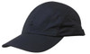 A navy cap with a curved brim and mesh panels, featuring a logo on the side.