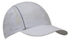 A white sports cap with mesh panels and reflective trim, featuring a curved brim and a logo.