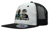 A black and white snapback cap featuring a cartoon design and a logo, with mesh backing for breathability.