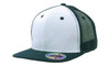 A green and white snapback cap with a mesh back and a branded sticker on the brim.