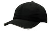 A black cap with a curved brim and a contrasting trim, featuring a logo on the front.