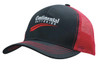 A black and red cap featuring a logo on the front, with a mesh back for breathability.