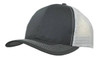 A breathable poly twill cap with a mesh back, featuring a dark grey front and a light grey mesh side.