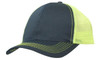 A navy cap with a breathable mesh back in bright yellow and contrasting stitching. It features a logo.