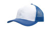 A white and blue cap featuring a breathable poly twill front and a mesh back, with a curved brim.