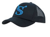 A black trucker cap with a blue embroidered logo and a mesh back for ventilation.