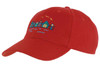 A red college cap featuring an embroidered design of houses near water with birds. It has a logo on the side.