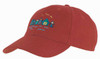 A red cap featuring an embroidered design of colourful houses and birds. It includes a logo on the side.