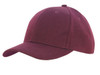 A maroon cap with a curved brim and six-panel design, featuring a logo on the front.