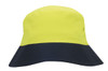 A luminescent yellow and navy blue bucket hat with a logo. Ideal for enhancing visibility.