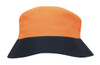 A luminescent safety bucket hat in bright orange and navy blue with a wide brim and a logo.