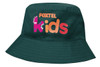 A green bucket hat with a logo and colourful text, designed for infants.