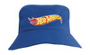 A blue youth bucket hat featuring a logo on the front. The hat has a wide brim for sun protection.