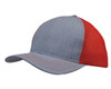 A grey cap with red honeycomb mesh panels and contrasting stitching, featuring a curved brim and a logo.