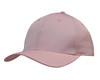 A pink baseball cap with a curved brim and six-panel design, featuring a logo on the front.