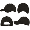 A black baseball cap displayed from multiple angles, featuring a branded label on the back.