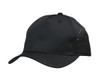 A black sports cap featuring tear drop perforations and a logo on the side.
