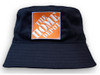 A navy blue bucket hat featuring a square logo on the front. The hat is made from breathable poly twill material.