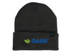 A grey beanie with a folded cuff and a logo featuring green and blue elements.
