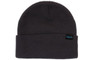A dark grey beanie with a folded cuff and a small logo. Made from recycled materials.