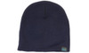 A navy beanie with a rolled-down edge and a small branded tag. Perfect for colder weather.