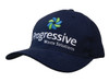 A navy blue organic brushed heavy cotton cap with an embroidered logo on the front.