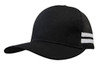 A black deep fit trucker cap with mesh sides and white stripes, featuring a logo on the front.