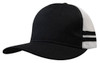 A black and white trucker cap featuring stripes, with a deep fit and mesh panels. It has a logo on it.