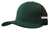 A green and black trucker cap with stripes and a logo on the front, featuring a deep fit design.
