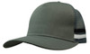 A deep fit trucker cap in olive green with a mesh back and striped detailing on the side. It features a logo.