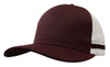 A deep fit trucker cap in burgundy and white with a striped design. The cap features a logo on the front.