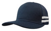 A navy trucker cap with a twill front and mesh back, featuring white stripes on the side.