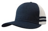 A navy blue and white trucker cap featuring stripes and a deep fit design. It has a logo on the front.