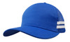 A blue trucker cap featuring a solid front panel and striped mesh sides. It has a curved brim and a logo.
