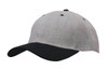 A grey twill cap with a black brim, featuring a logo on the front.