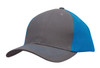 A grey and blue brushed heavy cotton cap with a contrasting design and a logo on the front.