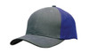 A cap featuring a brushed heavy cotton design in grey and blue, with a logo on the front.