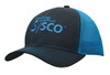 A brushed cotton cap with a mesh back, featuring a blue front and black mesh sides, and a logo on the front.