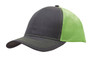 A grey cap with a green mesh back features contrasting stitching and a structured design. It includes a logo.