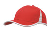 A red cap with white trim and a curved brim, featuring a logo on the front.