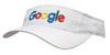 A white visor with a logo, featuring a multi-coloured word in an embroidered style on the front.