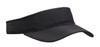 A black sports visor with a wide brim and an adjustable strap, featuring a logo on the side.