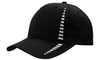 A black cap featuring a distinctive white stripe design, complete with a logo on the front.